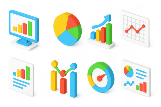Isometric data icons: colorful charts and graphs for business analysis