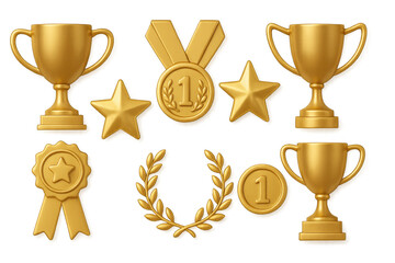 Gold trophy set featuring awards, medals, and laurel wreath