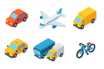 Colorful isometric set of vehicles including car, taxi, bus, airplane, truck, and bicycle