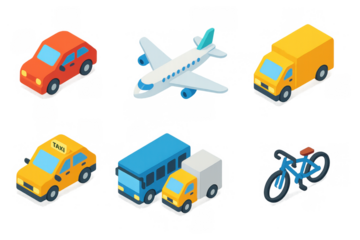 Colorful isometric set of vehicles including car, taxi, bus, airplane, truck, and bicycle