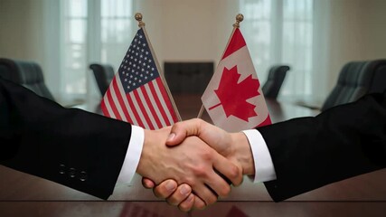 Business handshake between American and Canadian representatives symbolizing partnership and international trade agreements in a modern boardroom setting - Powered by Adobe