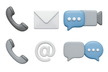 3d communication icons: phone, email, chat, video call symbols