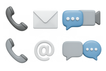 3d communication icons: phone, email, chat, video call symbols