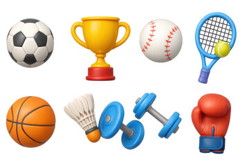 Colorful 3d sports icons including balls, equipment, and trophy