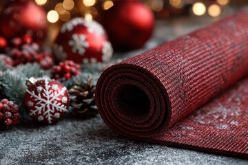 Fototapeta premium Festive Yoga Celebration: Rolled Sport Mat Surrounded by Christmas Decorations for Active Lifestyles