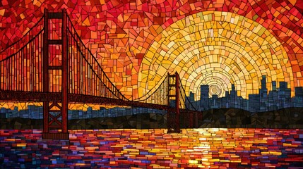 Golden gate bridge at sunset mosaic art with san francisco skyline