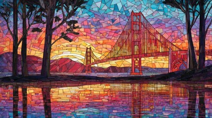 Golden gate bridge at sunset mosaic art with water reflection