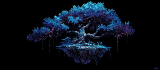 Floating island with a large, gnarled tree; dark, mystical, blue-tinged