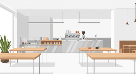 Modern minimal coffee shop interior with tables, chairs and equipment