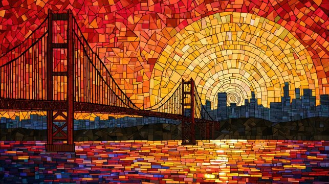 Golden gate bridge at sunset mosaic art with san francisco skyline