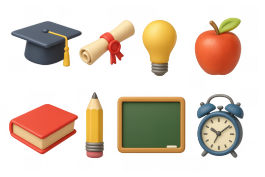 3d school icons: graduation cap, diploma, light bulb, apple, book, pencil, chalkboard, clock - Powered by Adobe