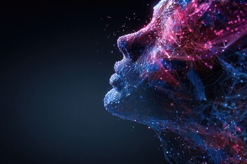 Abstract Digital Human Head Formed by Glowing Network Particles.