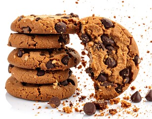 Fototapeta premium Stacked chocolate chip cookies, one broken