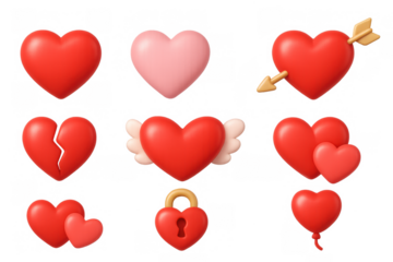 3d heart icons set with wings, arrow, and lock for valentine's day designs