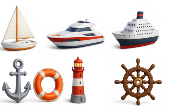 3d nautical set with boats, lighthouse, and marine elements