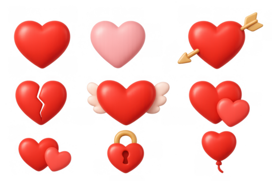 3d heart icons set with wings, arrow, and lock for valentine's day designs