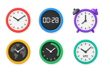 Colorful 3d alarm clocks with diverse designs and world time zones