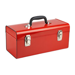 Red metal toolbox with handle and latches ideal for tool storage in garage workshop or job site