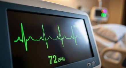 Heart Rate Monitor Displaying 72 BPM in Hospital Setting for Health Blogs, Medical Websites, Awareness Campaigns, and Patient Education Materials