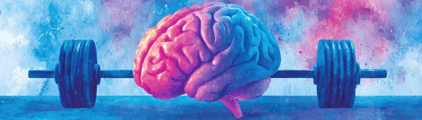Obraz premium Brain lifting heavy weights in gym workout concept. A colorful representation of strength and mental fitness concept.