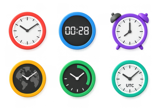 Colorful 3d alarm clocks with diverse designs and world time zones