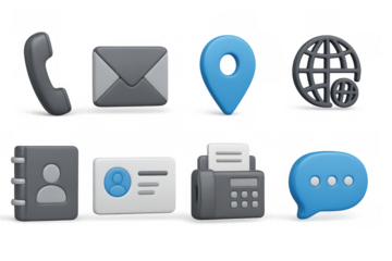 3d communication icons set with phone, email, and map pin symbols
