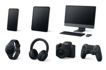 Realistic electronics and gadgets collection: smartphone, tablet, computer, and more