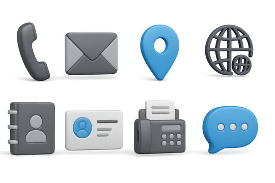 3d communication icons set with phone, email, and map pin symbols