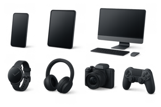 Realistic electronics and gadgets collection: smartphone, tablet, computer, and more - Powered by Adobe