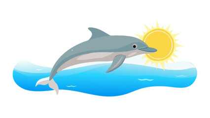 Obraz premium A dolphin jumping out of the water with the sun shining brightly in the background on a white backdrop