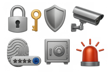 3d security icons set with camera, lock, key, and safe in metallic style