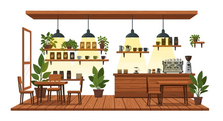 Obraz premium Stylish cozy coffee shop interior with wooden furniture and green plants
