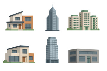 Modern architectural buildings set in flat style with varied designs