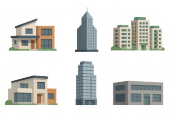 Modern architectural buildings set in flat style with varied designs