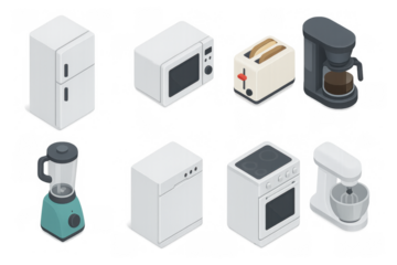 Isometric kitchen appliances set: fridge, oven, toaster, coffee maker, blender, mixer, microwave