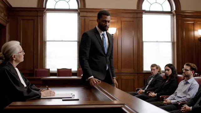 Court of Law Trial in Session, Portrait of Charismatic Male Public Defender Making Touching, Passionate Speech to Judge and Jury. Attorney Lawyer Protecting Client, Presenting Case