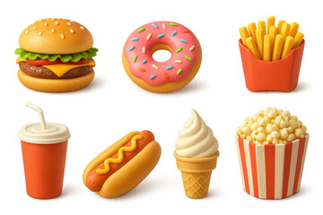 Colorful 3d fast food icons featuring burgers, fries, and donuts
