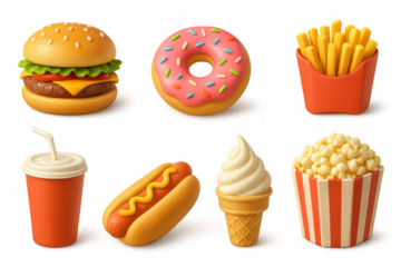 Colorful 3d fast food icons featuring burgers, fries, and donuts