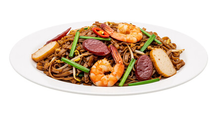 Asian noodle dish with shrimp and sausage isolated on transparent background