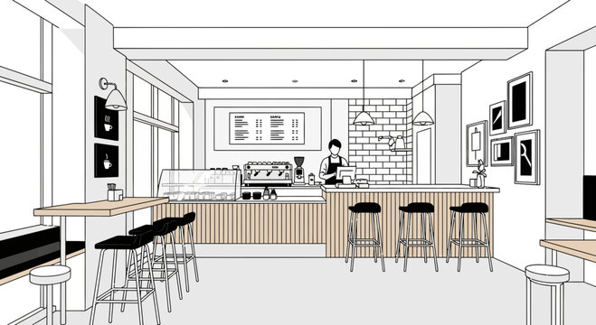 Stylized cafe interior illustration showcasing modern design and coffee shop setting