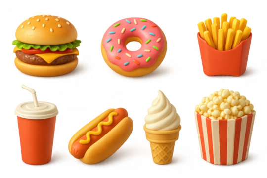 Colorful 3d fast food icons featuring burgers, fries, and donuts