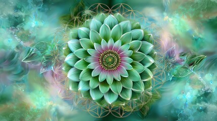 Obraz premium Vibrant abstract flower illustration in green hues. Mandala sacred geometry heart chakra mandala green flower of life heart chakra art mandala heart chakra design