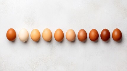 Brown eggs neatly arranged on a white surface, showcasing simplicity and natural food.