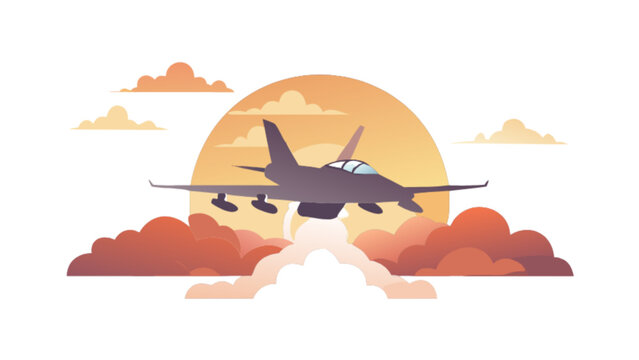 Illustration of a fighter jet taking off against a backdrop of clouds and a setting sun in the sky
