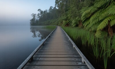 Fototapeta premium Misty lake path through tranquil forest