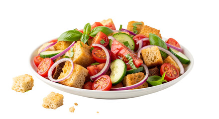 Panzanella salad with tomatoes and cucumbers isolated on transparent background