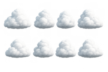 Set of eight realistic isolated white fluffy clouds on transparent background
