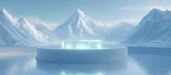 Frozen platform holds ice. Snowy mountains in background, cool tone