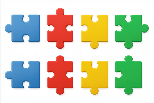 Colorful 3d puzzle pieces set on dark background