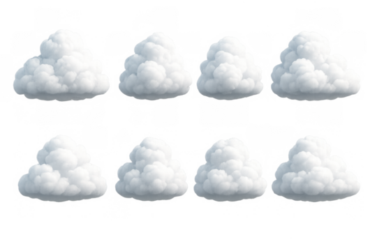 Set of eight realistic isolated white fluffy clouds on transparent background